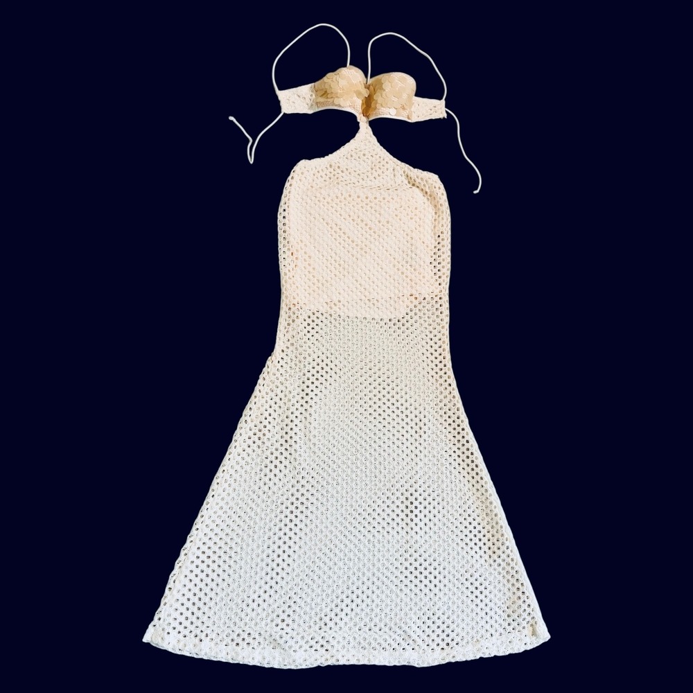Ivory Crochet Mermaid Maxi Dress Cutout Open Knit‎ Boho Beach Resort Small - Picture 11 of 16